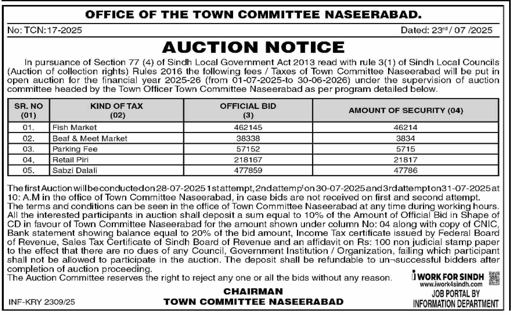 Town Committee Naseebabad Tender Notice